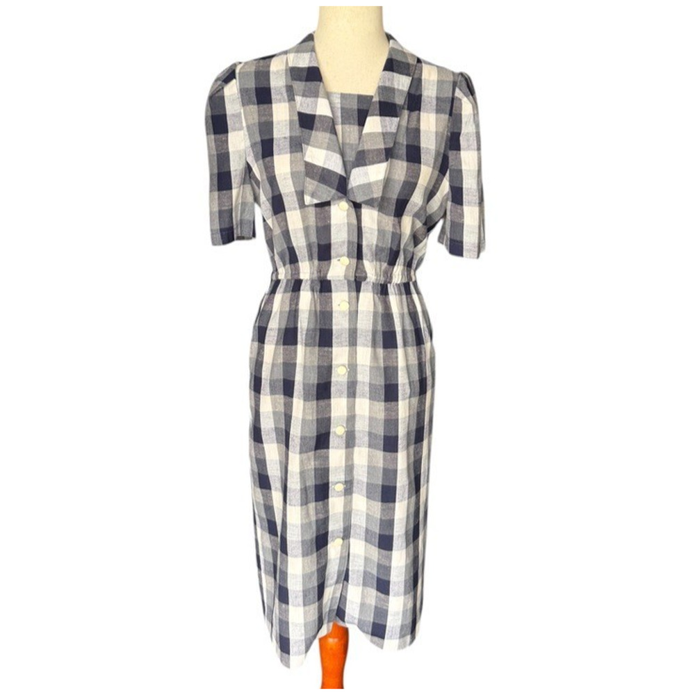 Vintage 1950s Papillon Plaid Dress Blue White Button Front Day Dress S Size 4 6